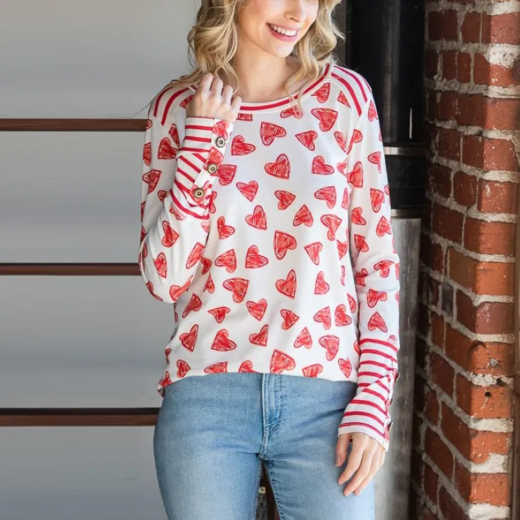 Heart Print Knit Top with Sleeve Buttons