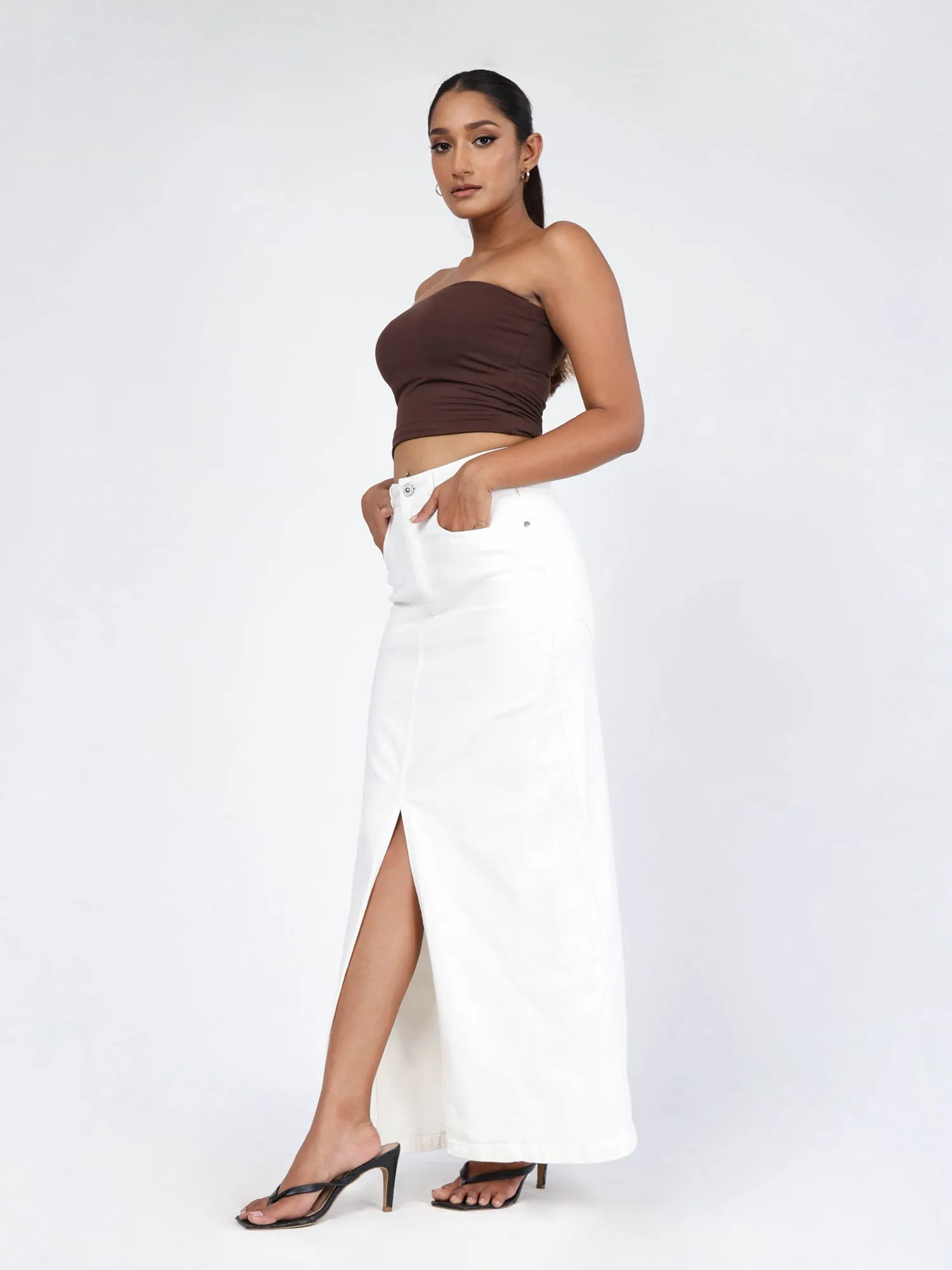 High Waist White Denim Front Slit Maxi Skirt