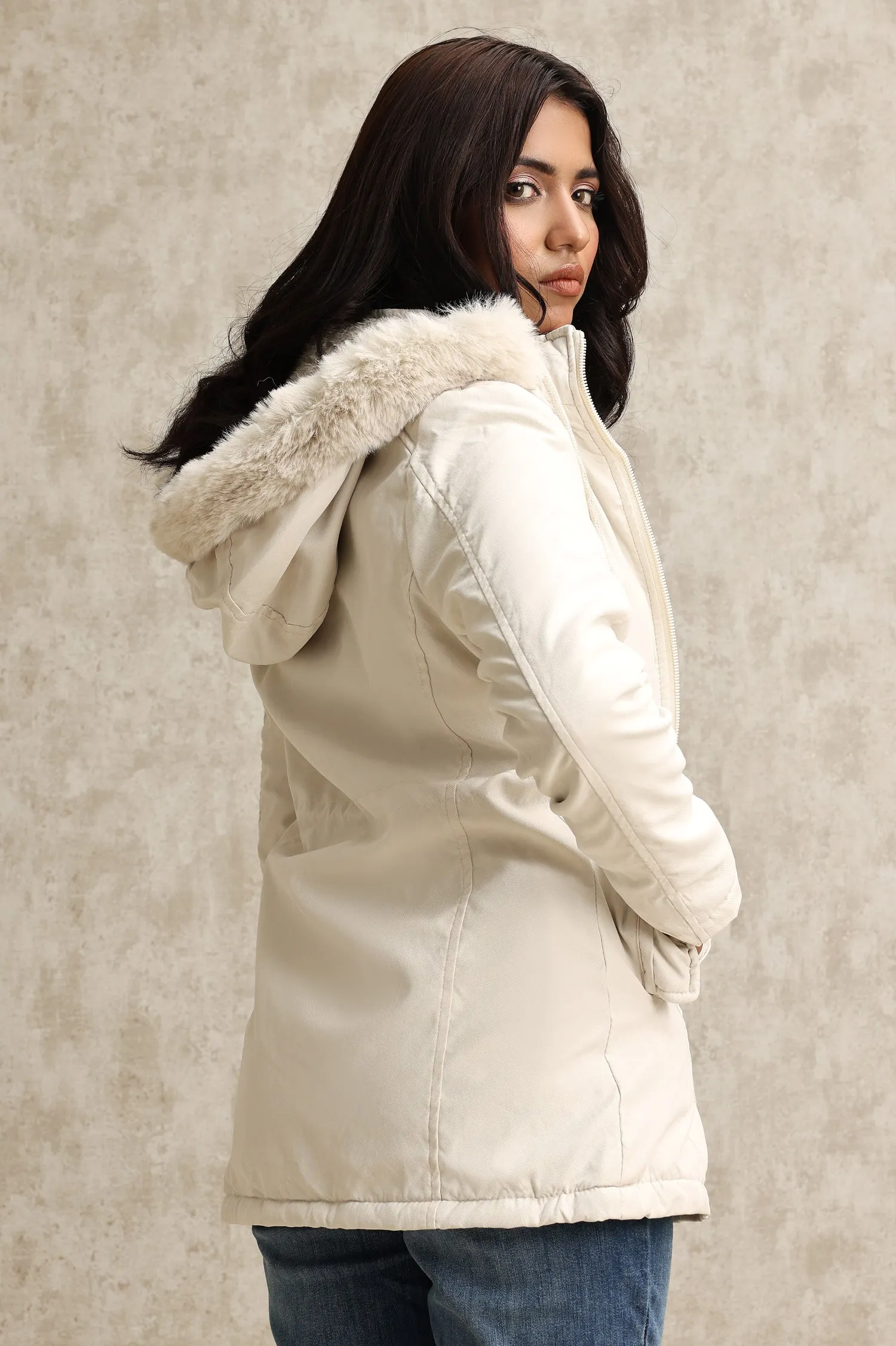 HOODED DRAWSTRING JACKET-BEIGE