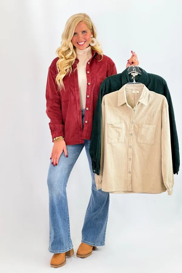 Hunter Green Corduroy Long Sleeve Pocket Top *Final Sale*