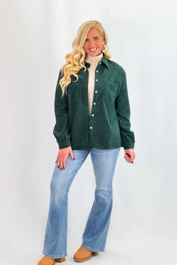 Hunter Green Corduroy Long Sleeve Pocket Top *Final Sale*