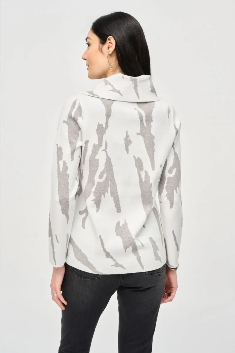 Joseph Ribkoff Vanilla/Grey Melange Abstract Print Zipped Cowl Neck Top 243945