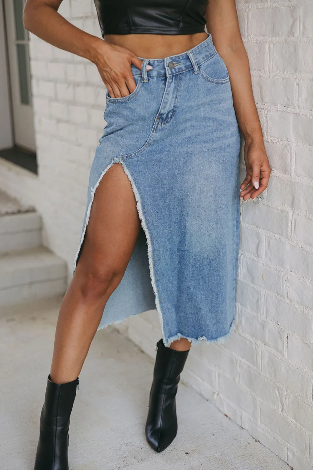 KaleaBoutique Frayed Slit Asymmetric Denim Midi Skirt