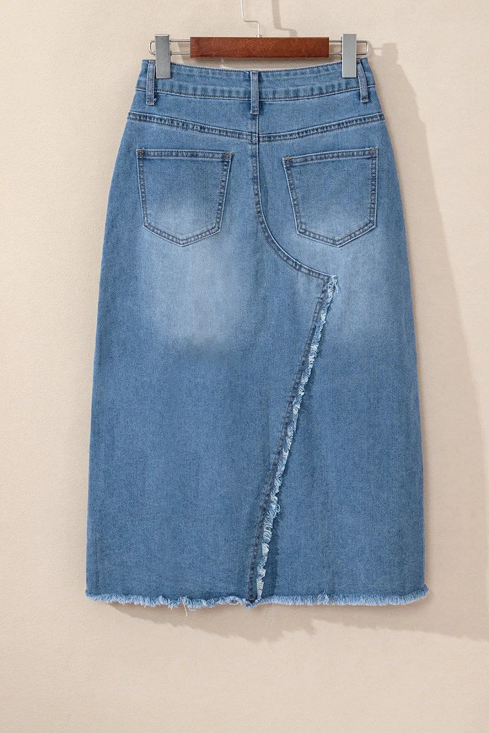 KaleaBoutique Frayed Slit Asymmetric Denim Midi Skirt