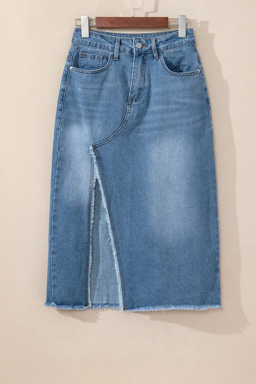 KaleaBoutique Frayed Slit Asymmetric Denim Midi Skirt