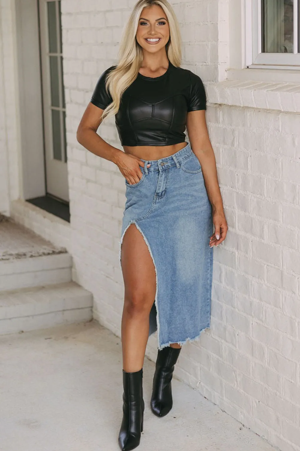 KaleaBoutique Frayed Slit Asymmetric Denim Midi Skirt