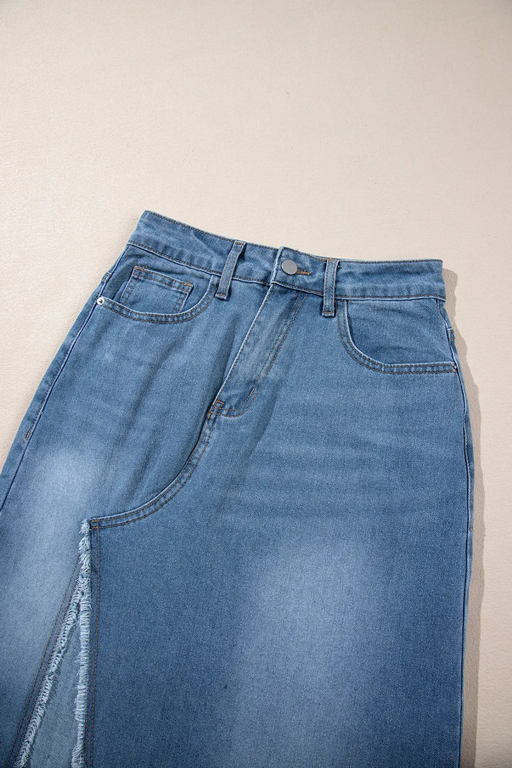 KaleaBoutique Frayed Slit Asymmetric Denim Midi Skirt