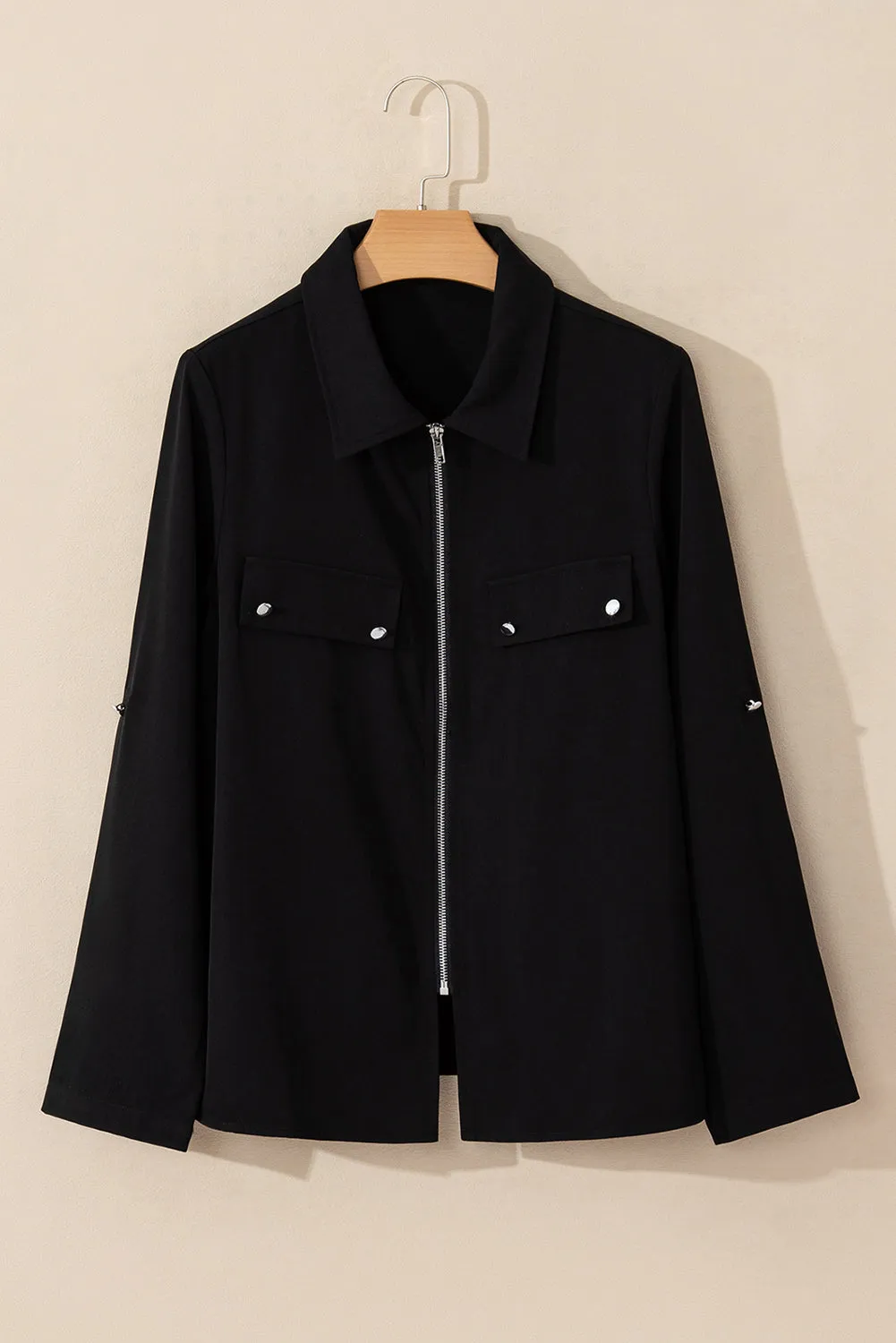 KaleaBoutique Stylish Collar Tab Sleeve Zip Up Flap Detail Jacket