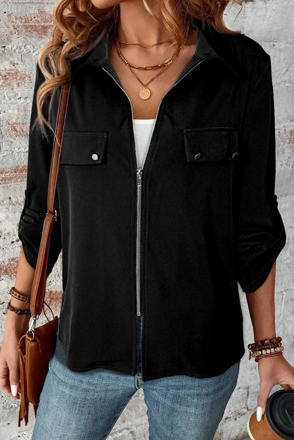 KaleaBoutique Stylish Collar Tab Sleeve Zip Up Flap Detail Jacket