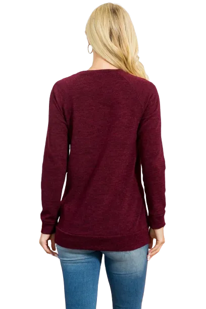 Knit Front Pocket Long Sleeve Top Dark Burgundy - Pack of 4