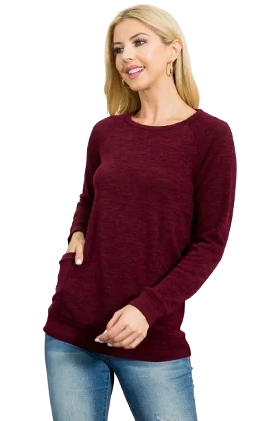 Knit Front Pocket Long Sleeve Top Dark Burgundy - Pack of 4