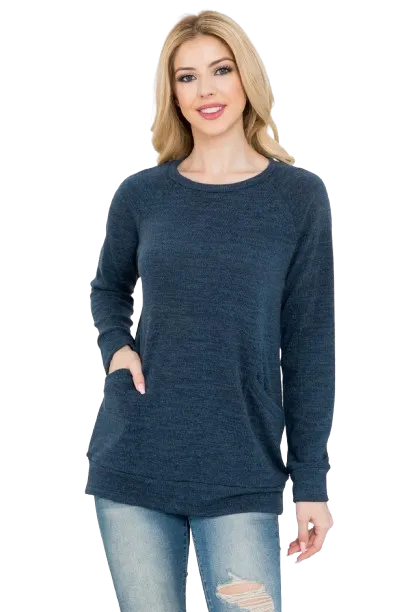 Knit Front Pocket Long Sleeve Top Light Navy - Pack of 4