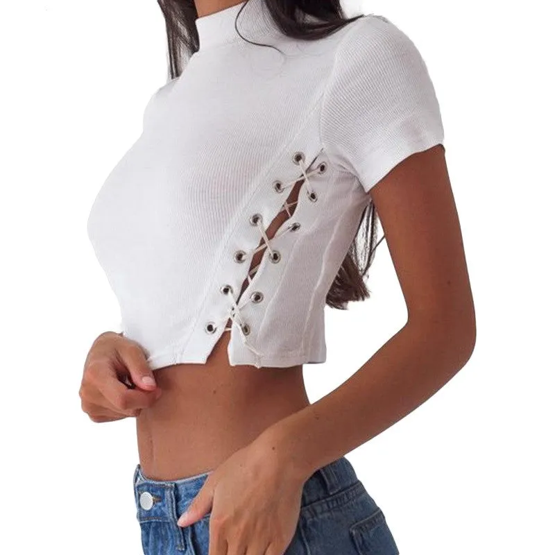 Lace Up Cropped Short Sleeve T-Shirt