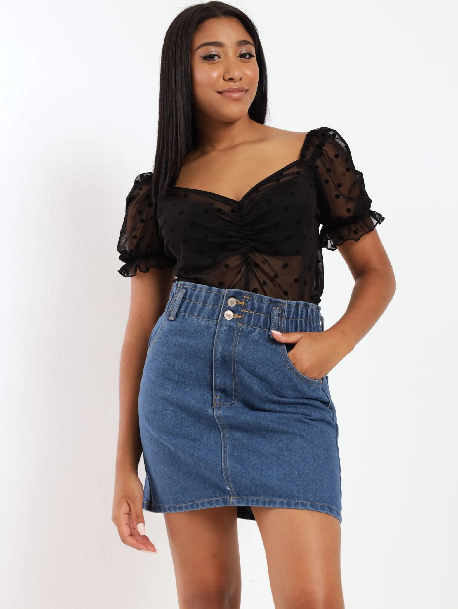 Ladies Paperbag Denim Skirt - Stonewash
