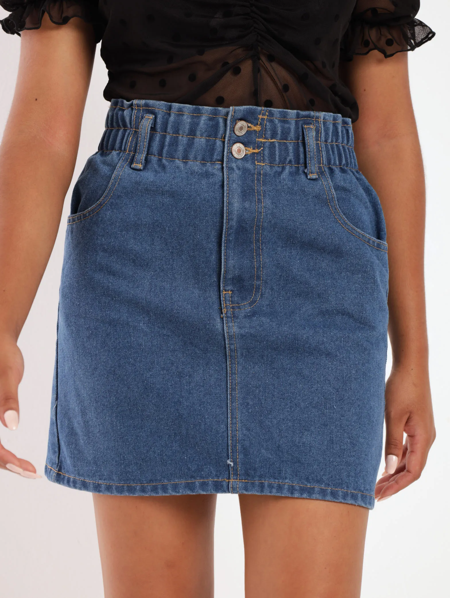 Ladies Paperbag Denim Skirt - Stonewash