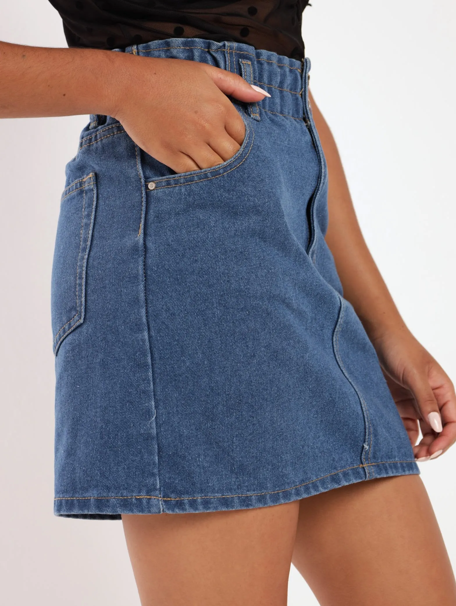 Ladies Paperbag Denim Skirt - Stonewash
