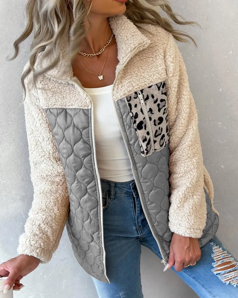 Leopard Patchwork Colorblock Zipper Fly Puffer Teddy Coat