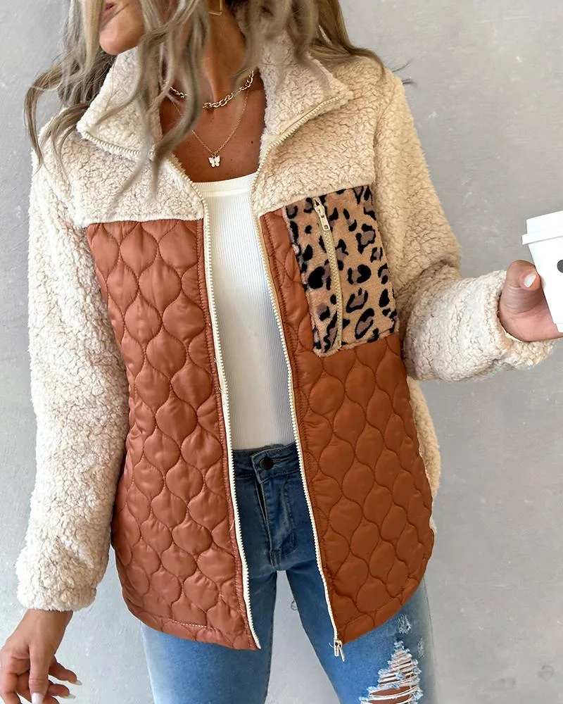 Leopard Patchwork Colorblock Zipper Fly Puffer Teddy Coat