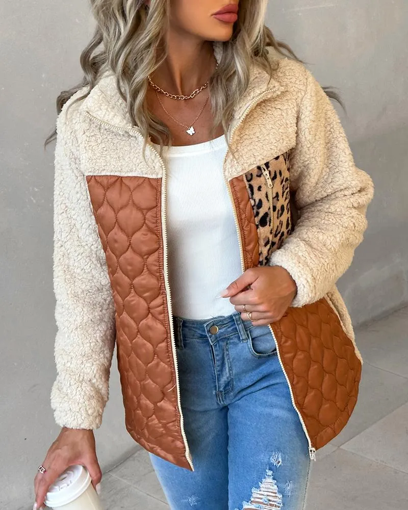 Leopard Patchwork Colorblock Zipper Fly Puffer Teddy Coat