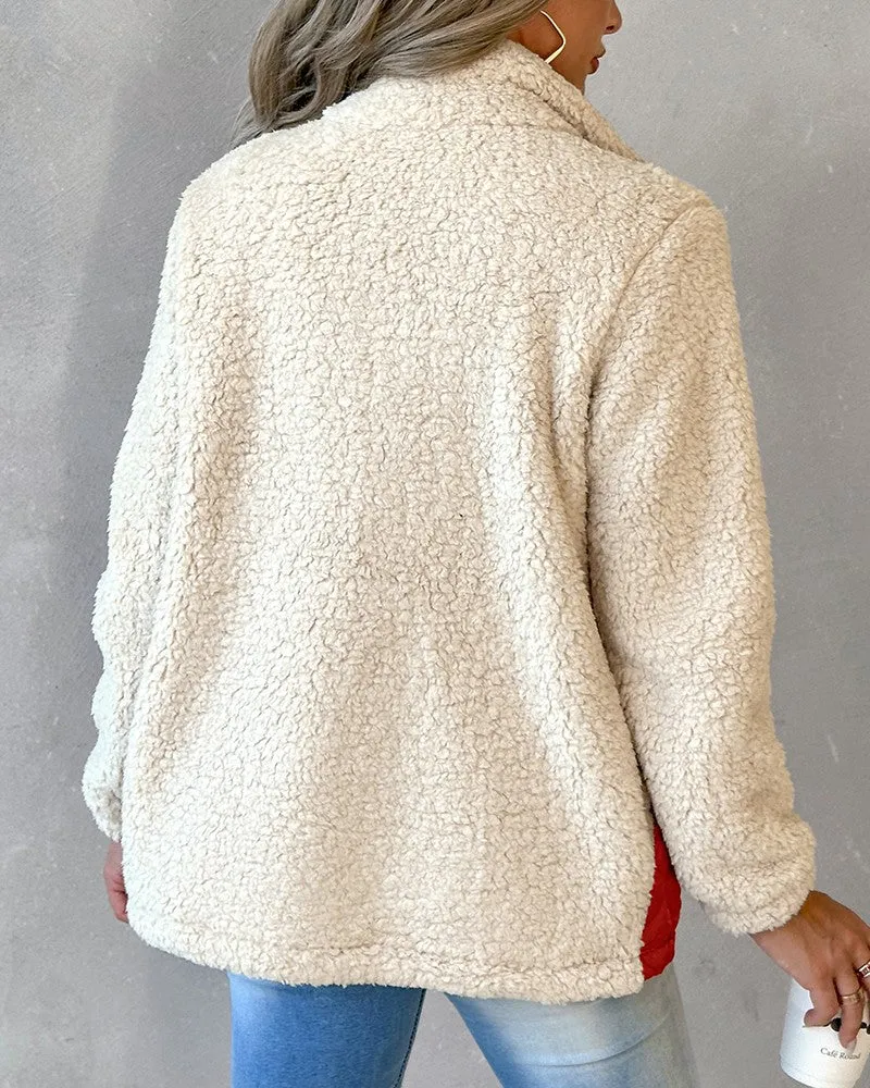 Leopard Patchwork Colorblock Zipper Fly Puffer Teddy Coat
