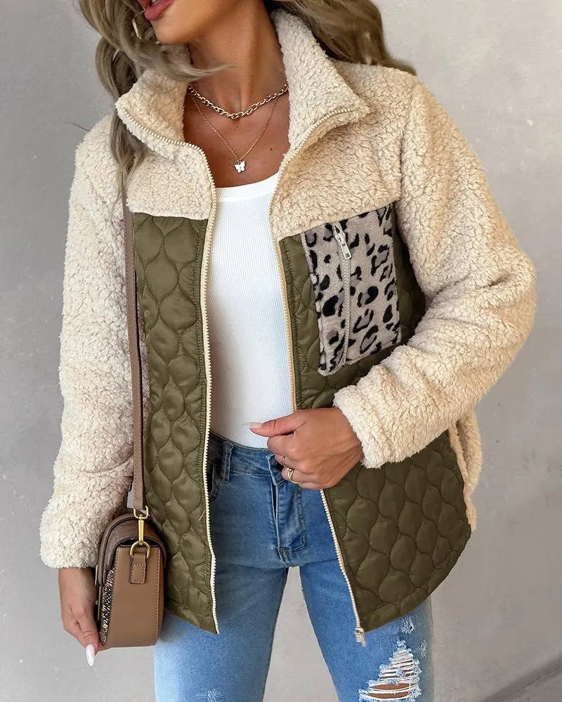 Leopard Patchwork Colorblock Zipper Fly Puffer Teddy Coat