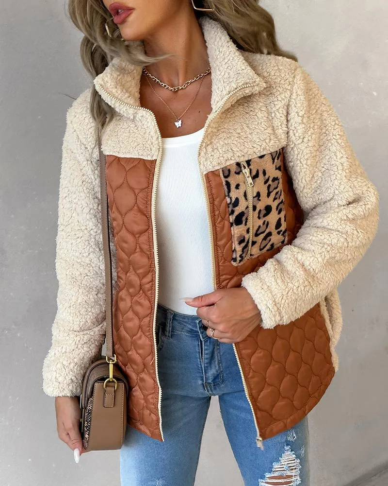 Leopard Patchwork Colorblock Zipper Fly Puffer Teddy Coat