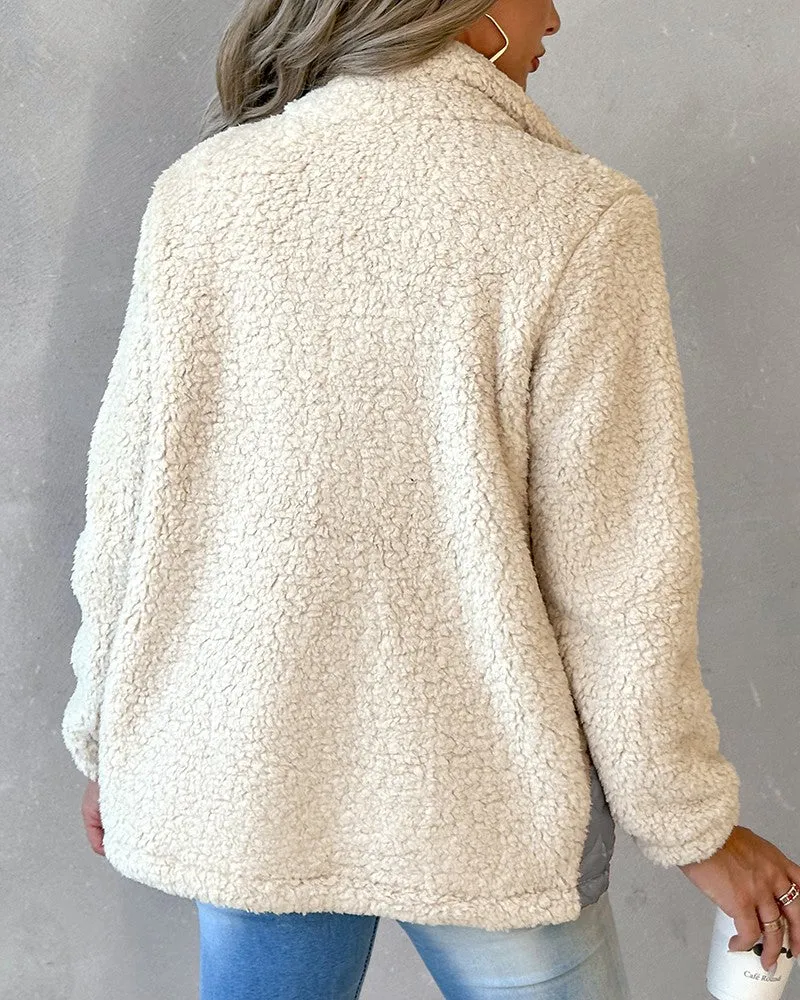 Leopard Patchwork Colorblock Zipper Fly Puffer Teddy Coat