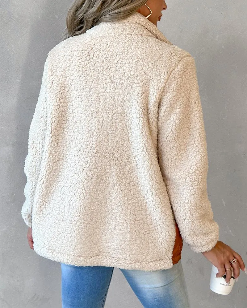 Leopard Patchwork Colorblock Zipper Fly Puffer Teddy Coat