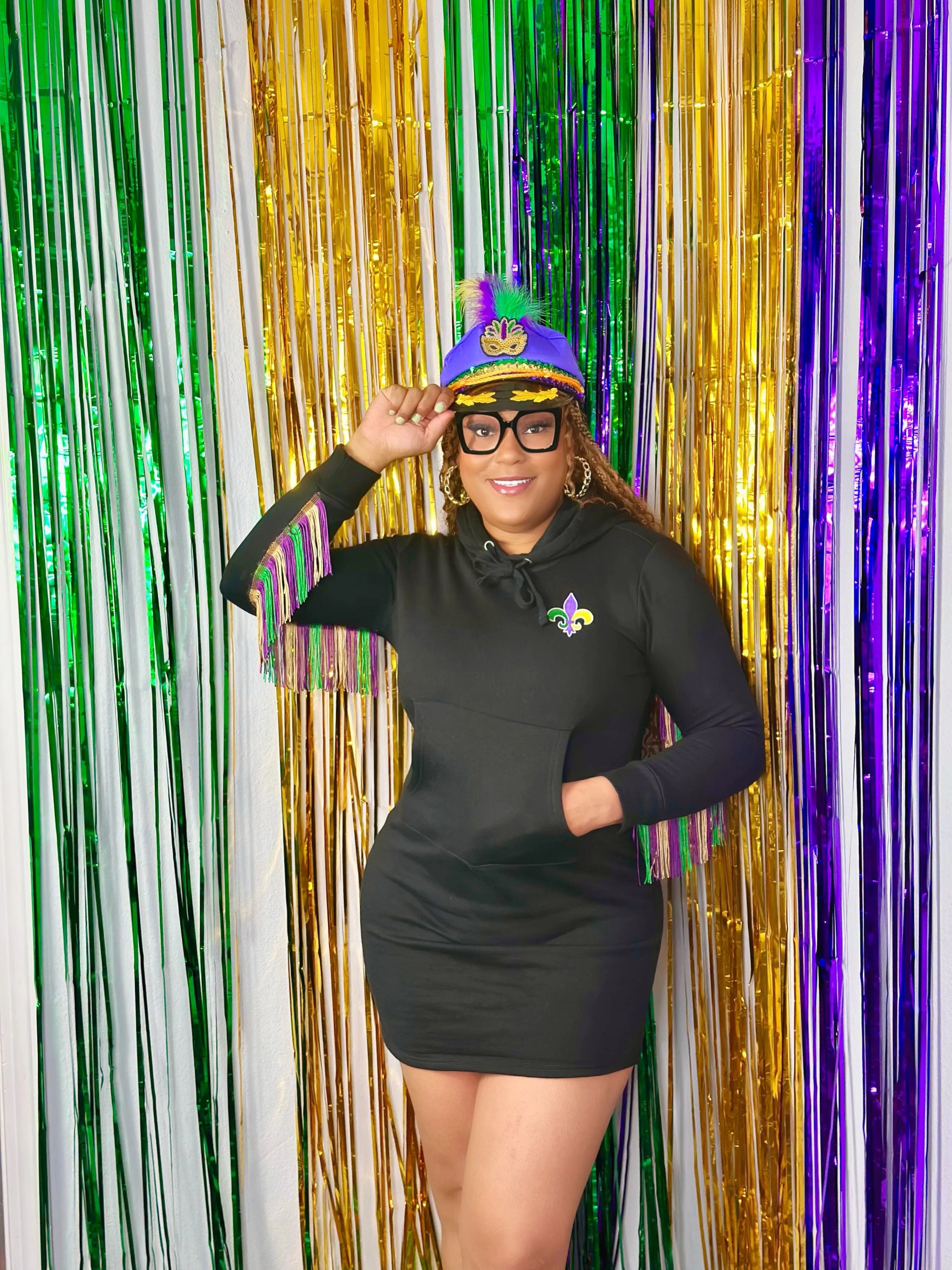 Mardi Gras Fringed Sleeve Hoodie Dress