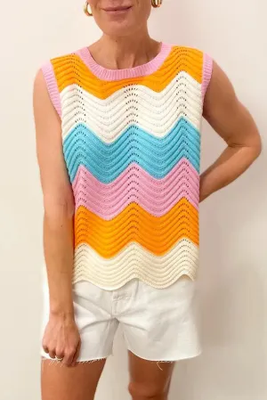 Multicolour Striped Colorblock Scalloped Hem Knitted Vest