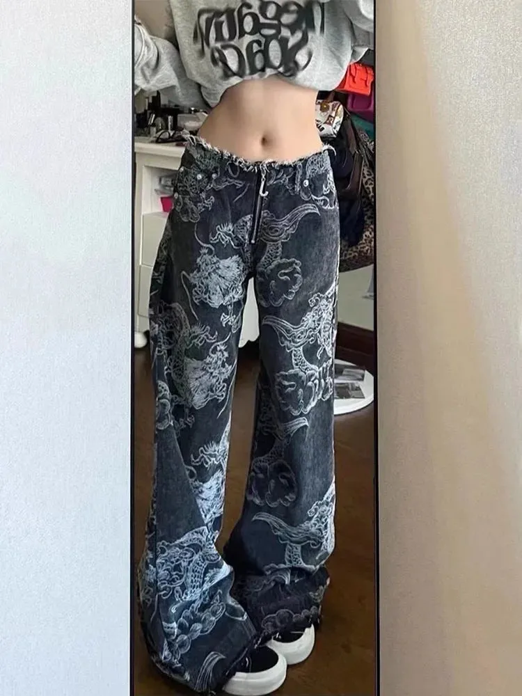 New Fashion Women's Gothic Dragon Print Jeans Baggy Vintage Aesthetic Pants Denim Trousers Y2k Jeans