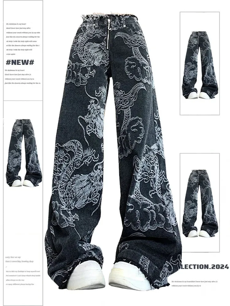 New Fashion Women's Gothic Dragon Print Jeans Baggy Vintage Aesthetic Pants Denim Trousers Y2k Jeans