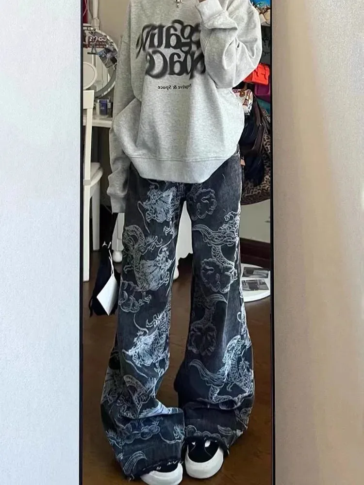 New Fashion Women's Gothic Dragon Print Jeans Baggy Vintage Aesthetic Pants Denim Trousers Y2k Jeans