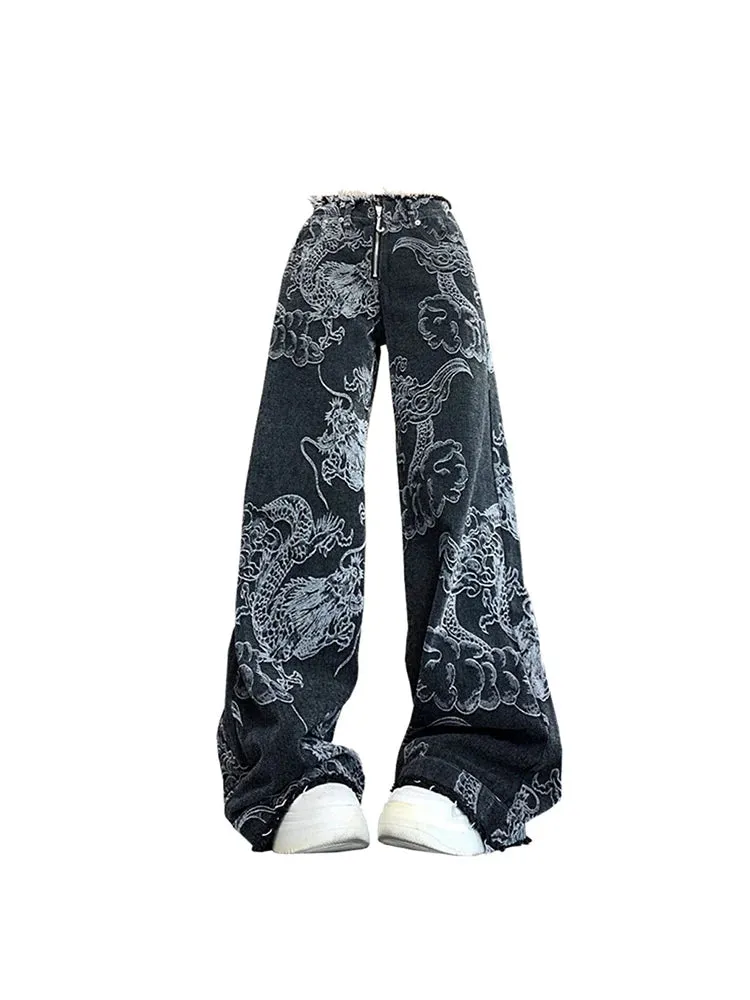 New Fashion Women's Gothic Dragon Print Jeans Baggy Vintage Aesthetic Pants Denim Trousers Y2k Jeans