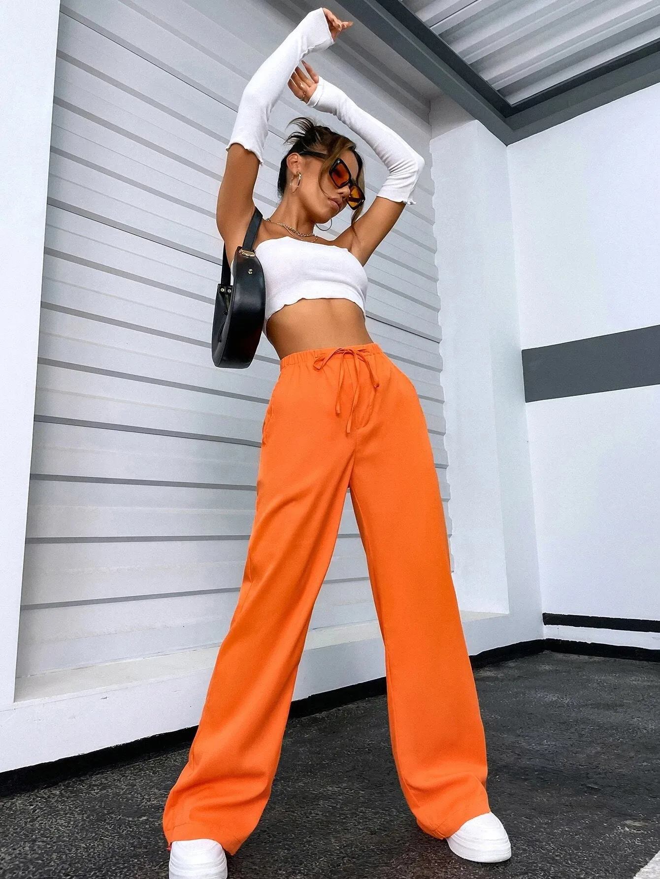 New Shein Solid Tie Front Pants in Orange, Sz S! lightweight, great reviews!
