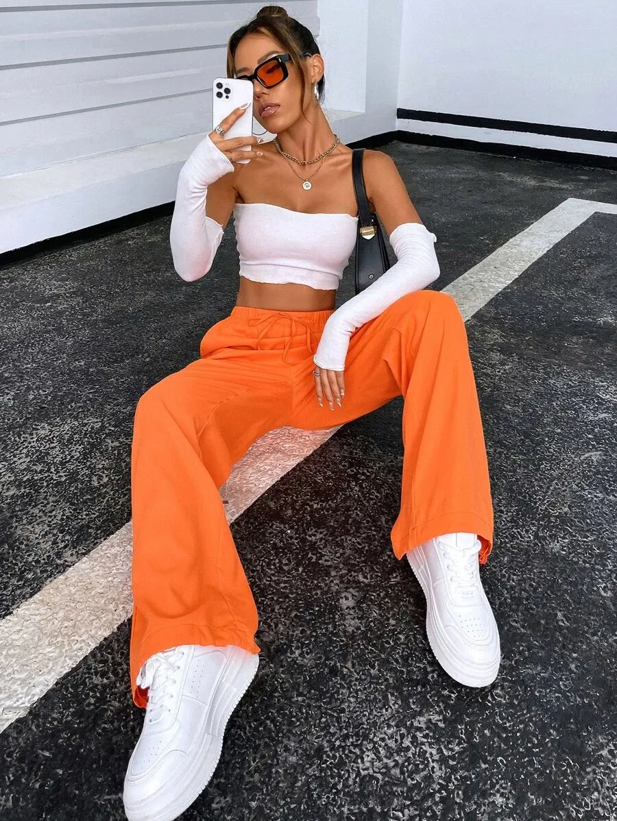 New Shein Solid Tie Front Pants in Orange, Sz S! lightweight, great reviews!