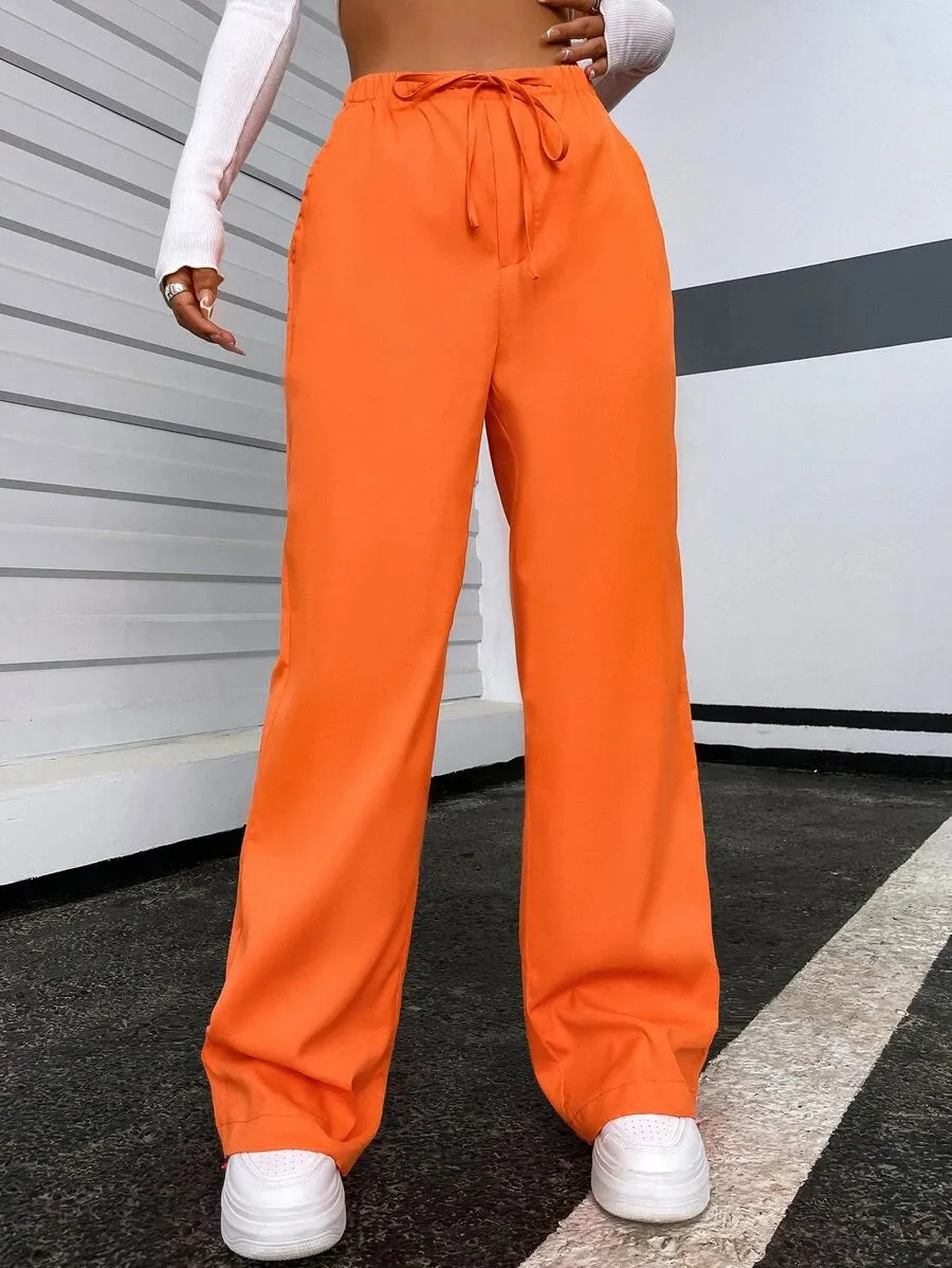 New Shein Solid Tie Front Pants in Orange, Sz S! lightweight, great reviews!