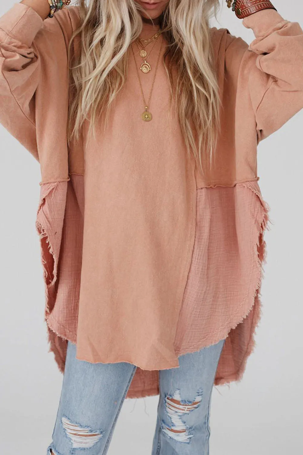 Orange Crinkle Splicing Raw Hem Long Sleeve Blouse
