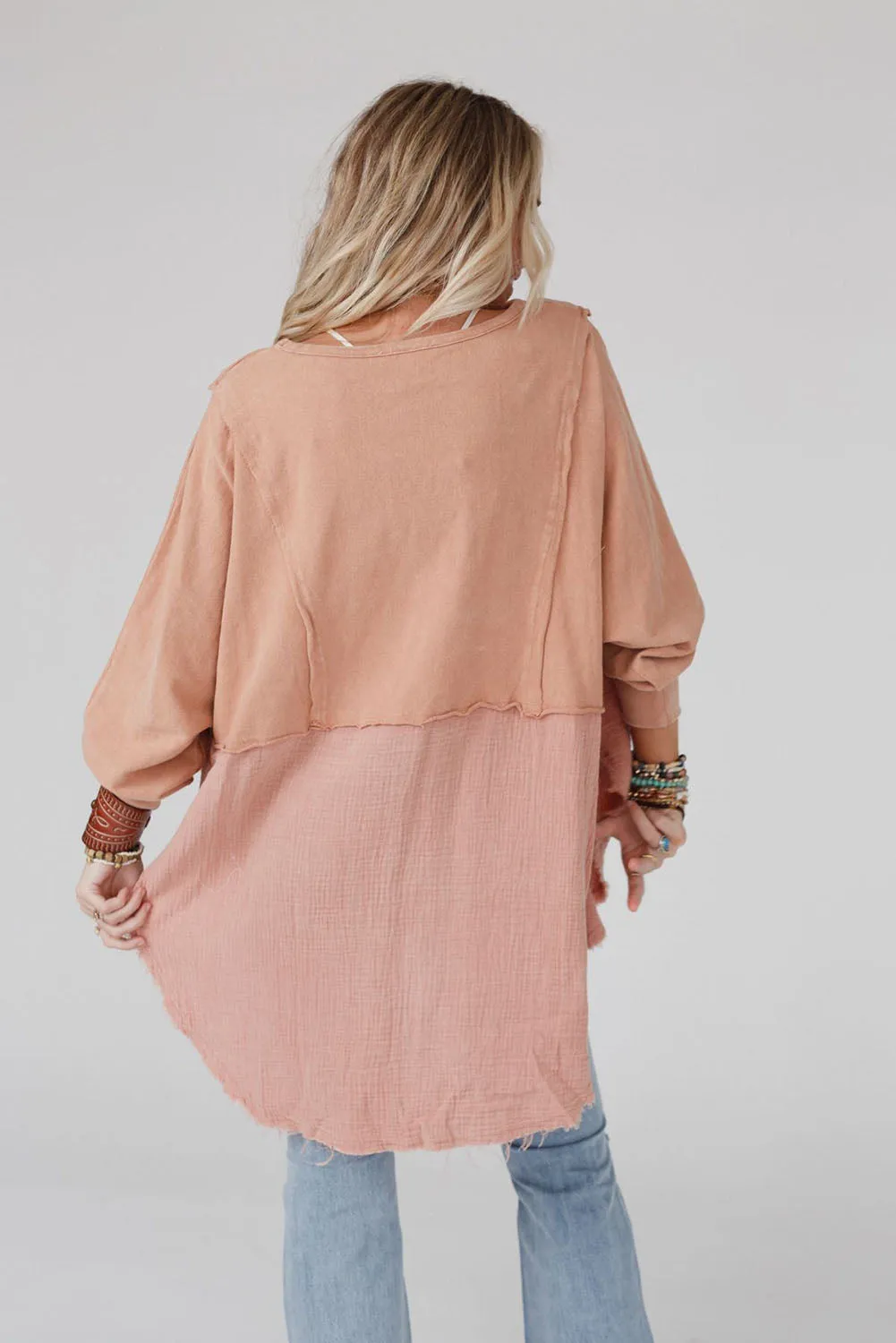 Orange Crinkle Splicing Raw Hem Long Sleeve Blouse