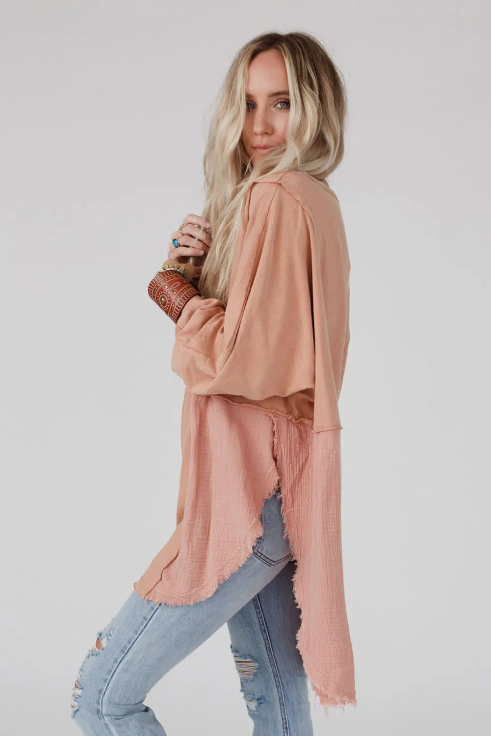 Orange Crinkle Splicing Raw Hem Long Sleeve Blouse