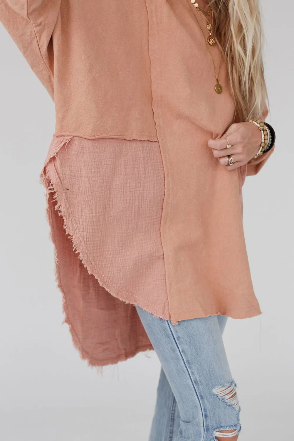 Orange Crinkle Splicing Raw Hem Long Sleeve Blouse