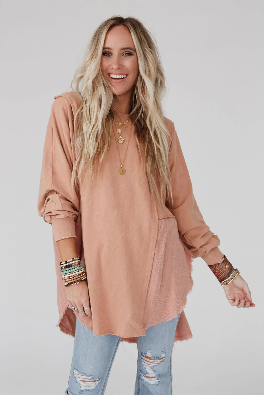 Orange Crinkle Splicing Raw Hem Long Sleeve Blouse