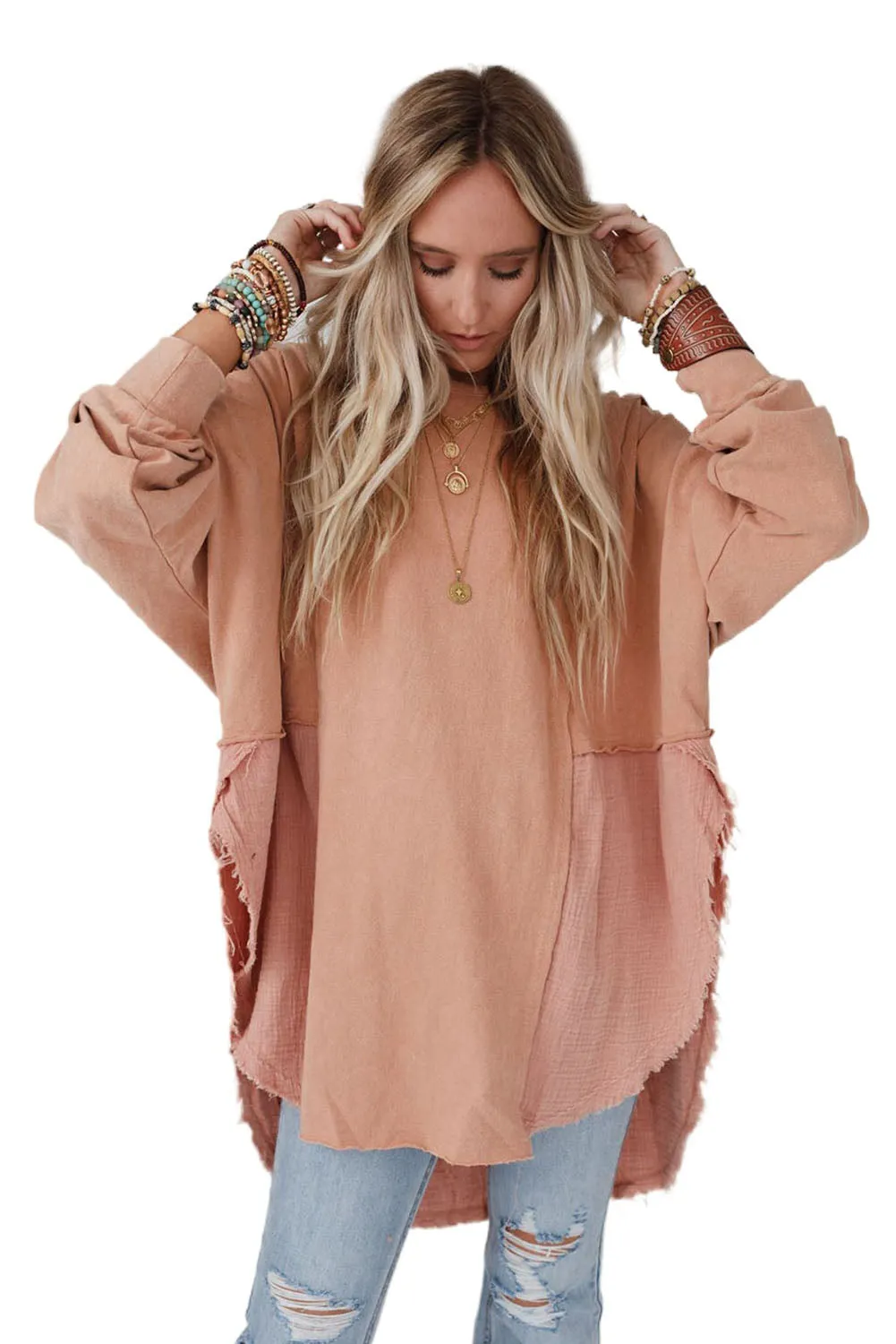Orange Crinkle Splicing Raw Hem Long Sleeve Blouse