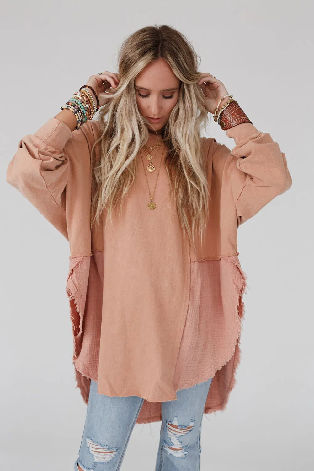 Orange Crinkle Splicing Raw Hem Long Sleeve Blouse