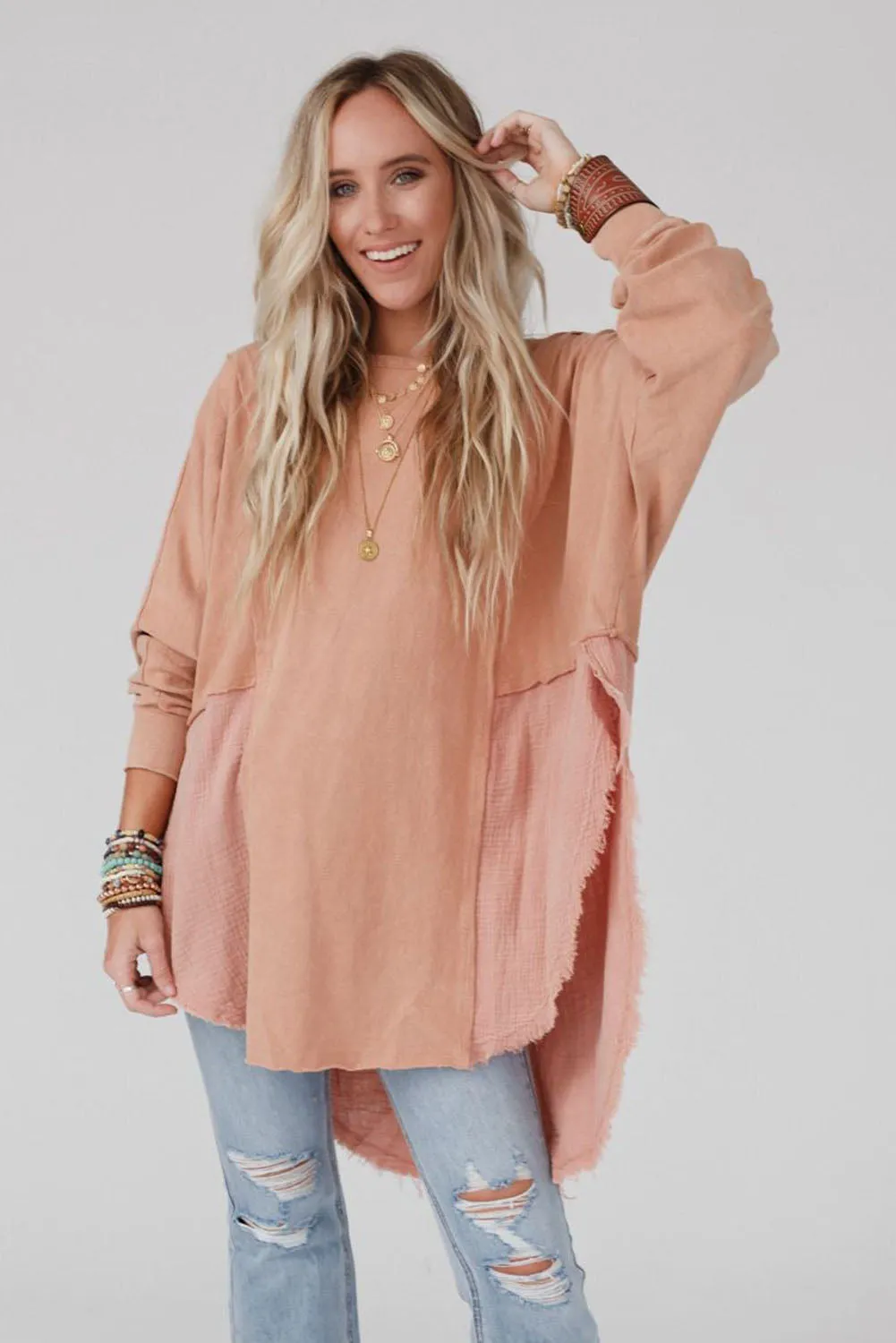 Orange Crinkle Splicing Raw Hem Long Sleeve Blouse