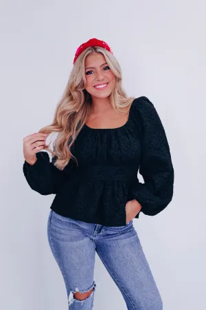Precious Peplum Jacquard Print Top - Black