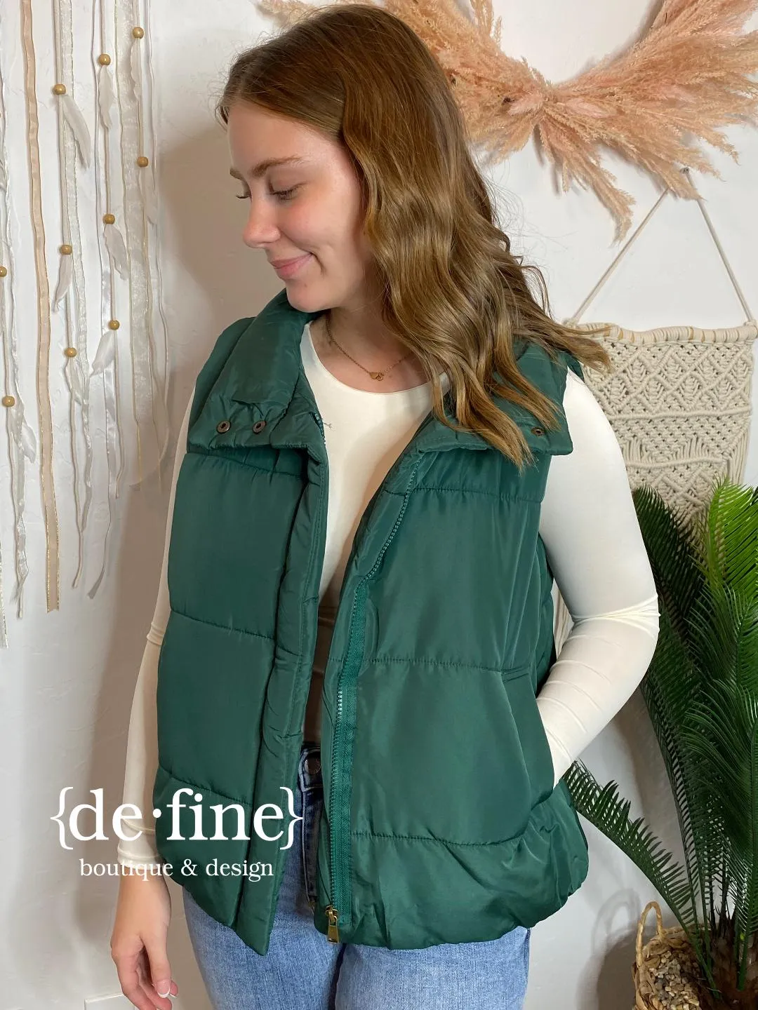 Puffy Zip Up Vest in Hunter Green or Black