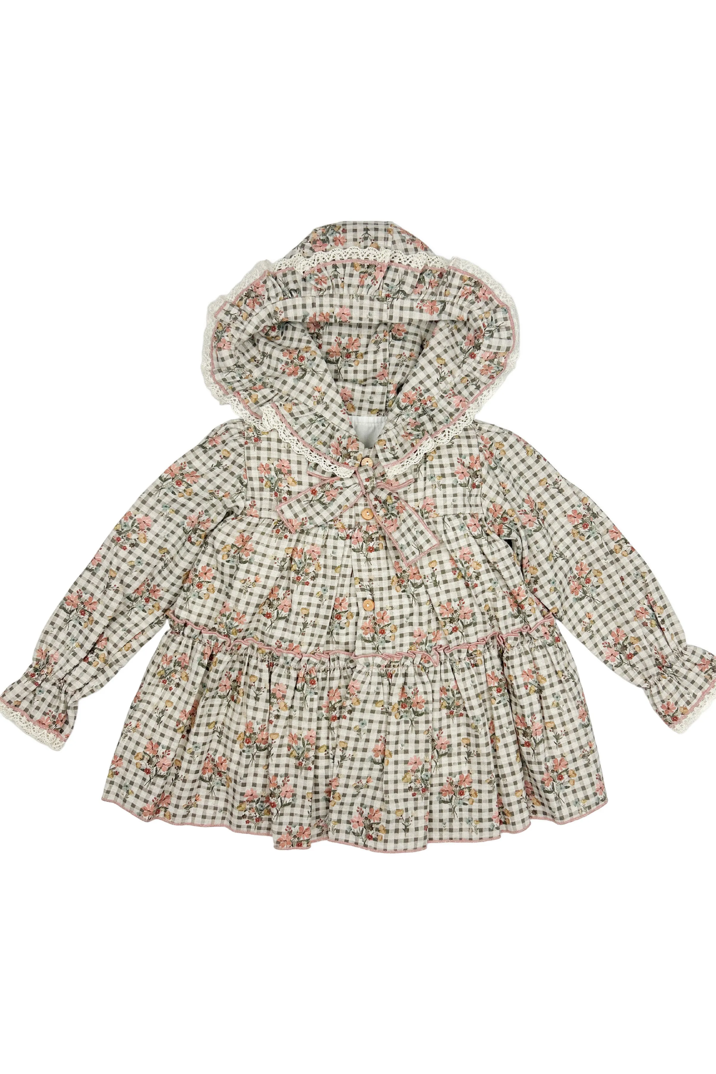 "Payton" Brown Gingham Floral Hoodie Dress