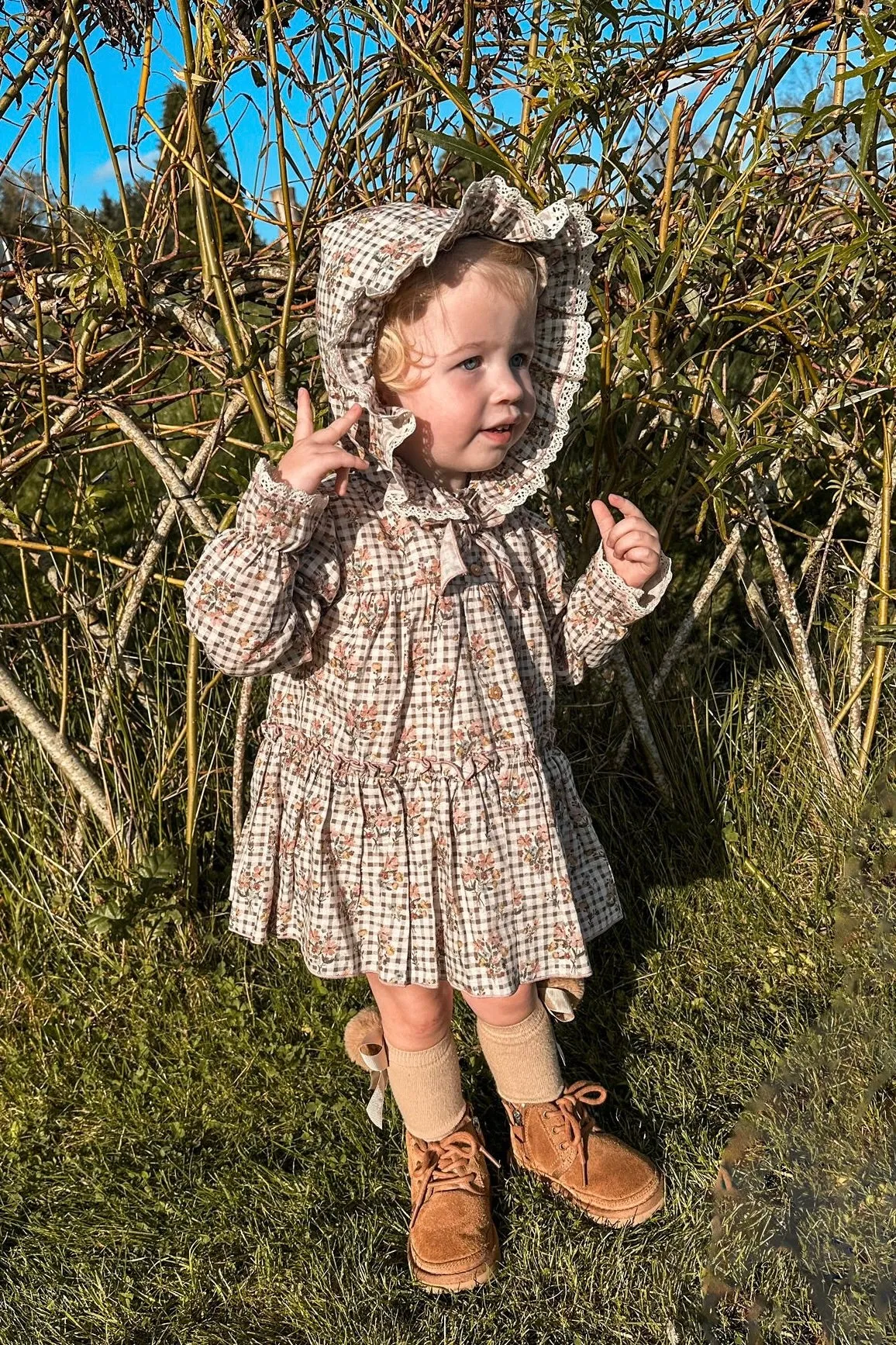 "Payton" Brown Gingham Floral Hoodie Dress