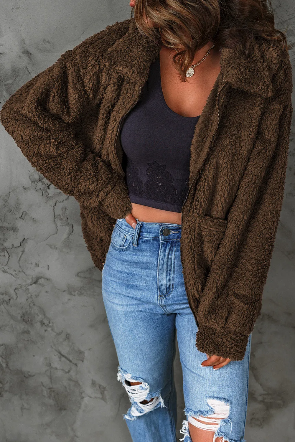 Rachel Zip Up Teddy Jacket with Pockets - Online Exclusive